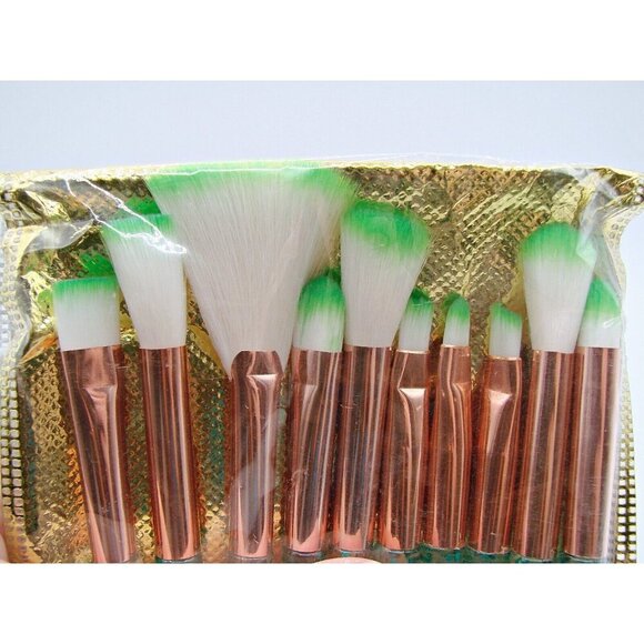NEW Set of 10 Cosmetic MakeUp Brushes Green Glittered Acrylic Handle Sealed Pkg - Picture 4 of 7